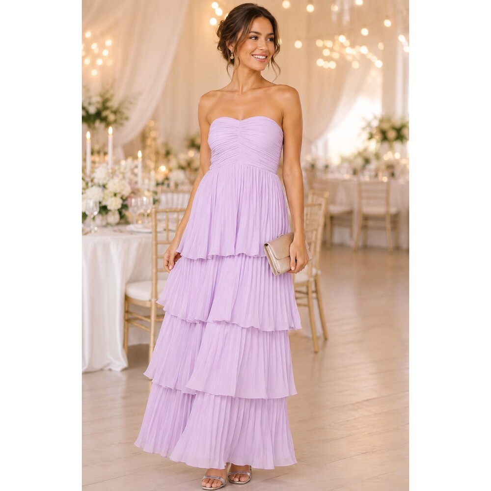Lulus Seriously Sensational Strapless Tiered Maxi Dress S Lavender Pleats NWT A2